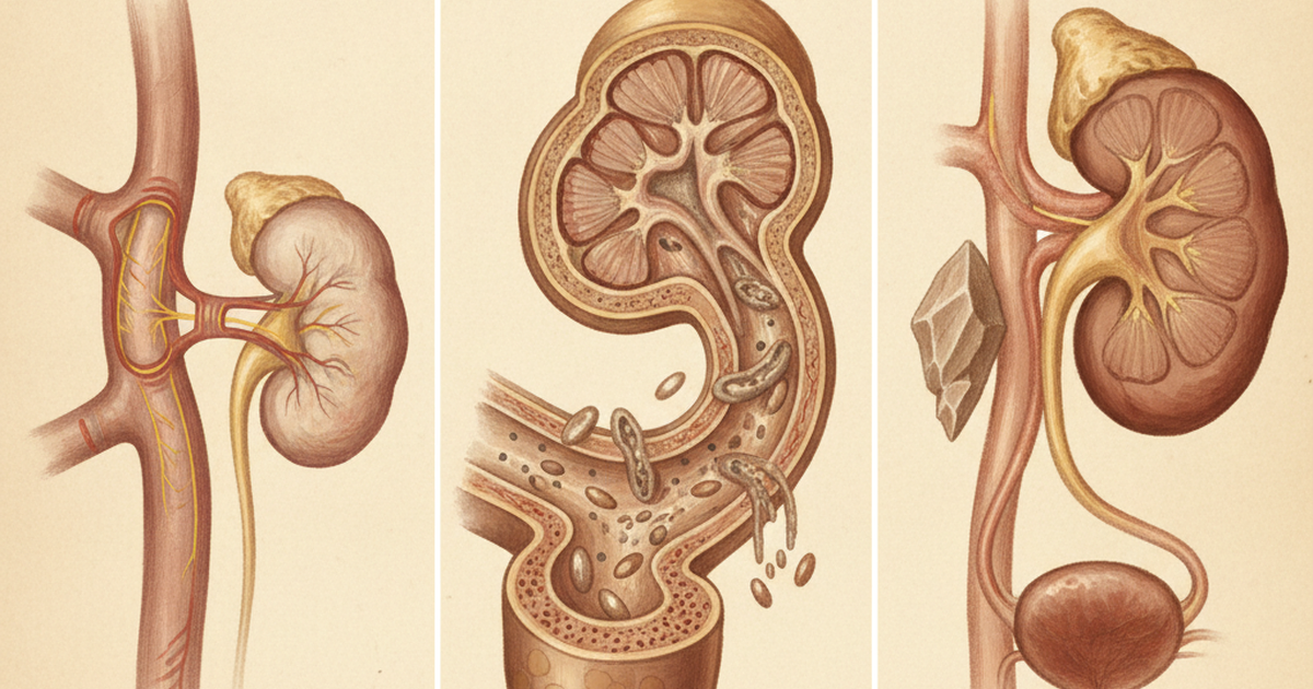 Injúria renal aguda: pré-renal, renal e pós-renal — ilustração Amo Resumos