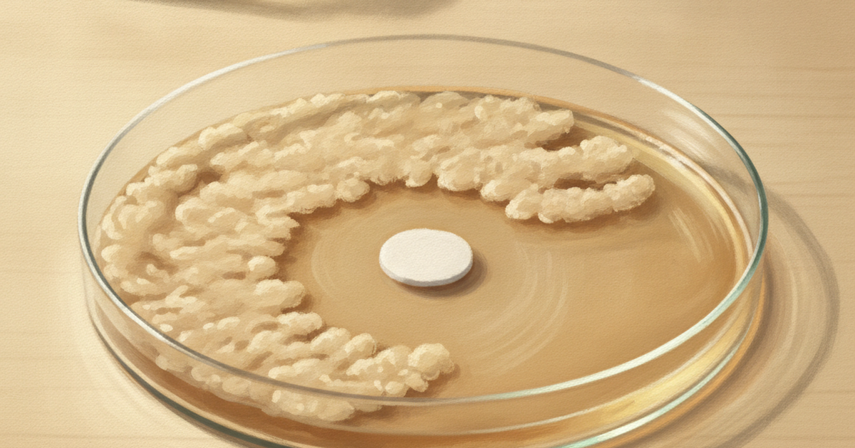 Antibiograma: halo de inibição ao redor do disco de antibiótico — ilustração Amo Resumos