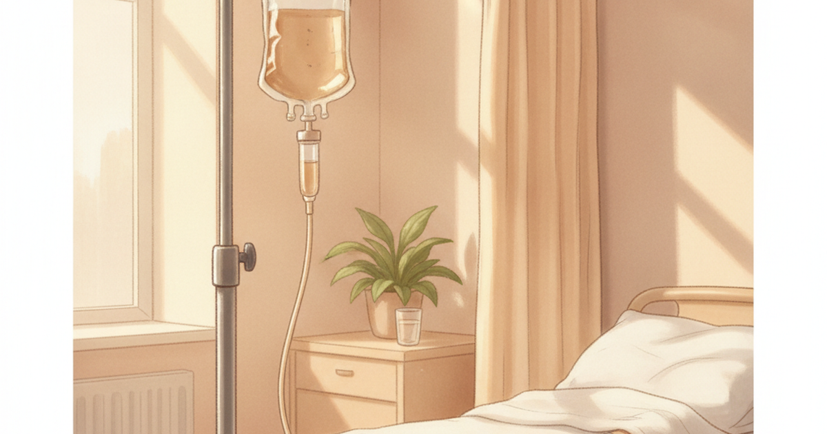 Pulsoterapia: corticoide endovenoso em bolsa de soro no hospital — ilustração Amo Resumos