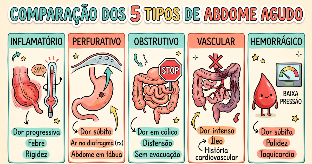 Os cinco tipos de abdome agudo ilustrados: inflamatório, perfurativo, obstrutivo, vascular e hemorrágico
